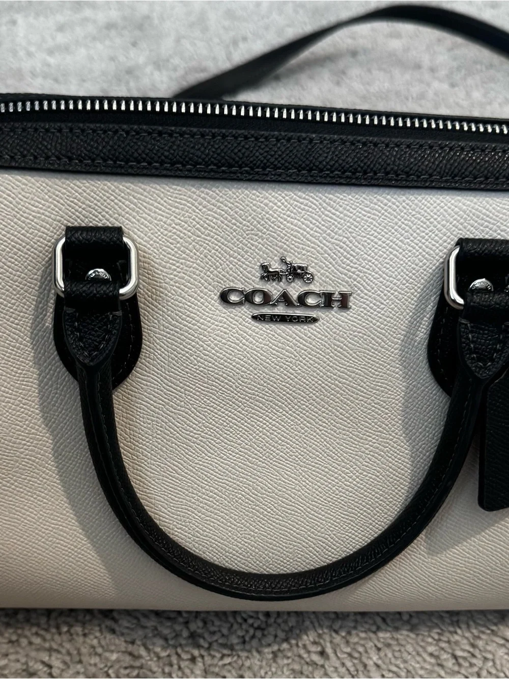 Coach White Pebbled Leather Satchel with Black Trim and Silver Hardware
